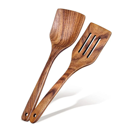 Acacia Wood Spatula Set (2 Pieces) – Long Handle Turner for Nonstick Pans